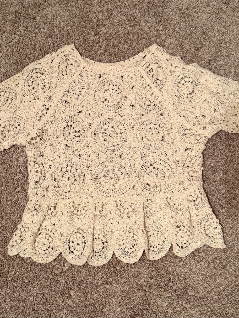 Thrifted Crochet Peplum Short Sleeve Top - Cream